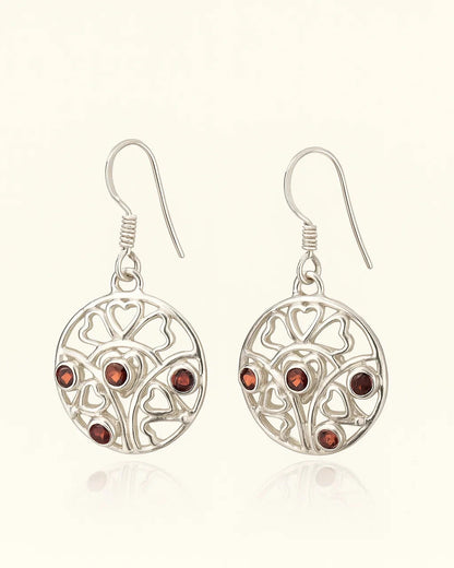 Heart Motif Silver Earrings with Red Stones