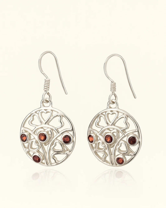 Heart Motif Silver Earrings with Red Stones