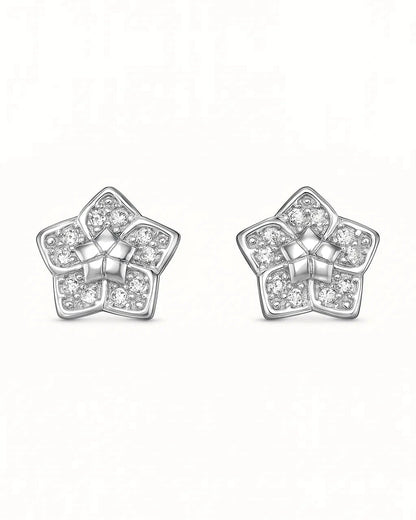 Star-shaped silver earrings with clear gemstones on a white background
