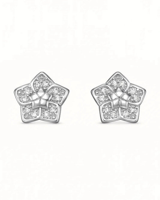 Star-shaped silver earrings with clear gemstones on a white background