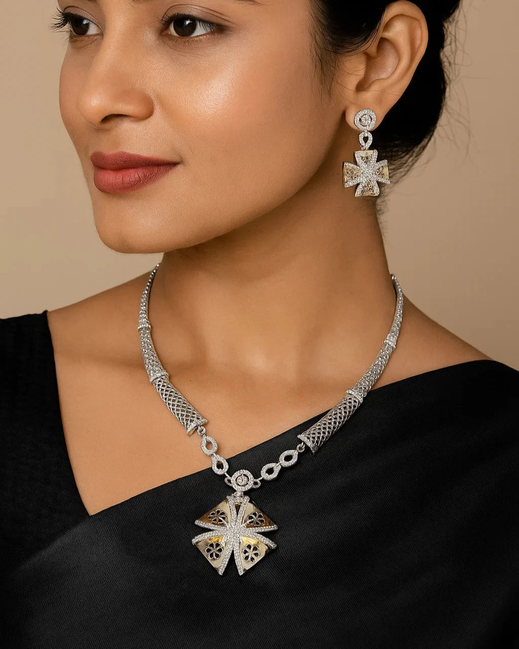 Floral Silver Necklace Set