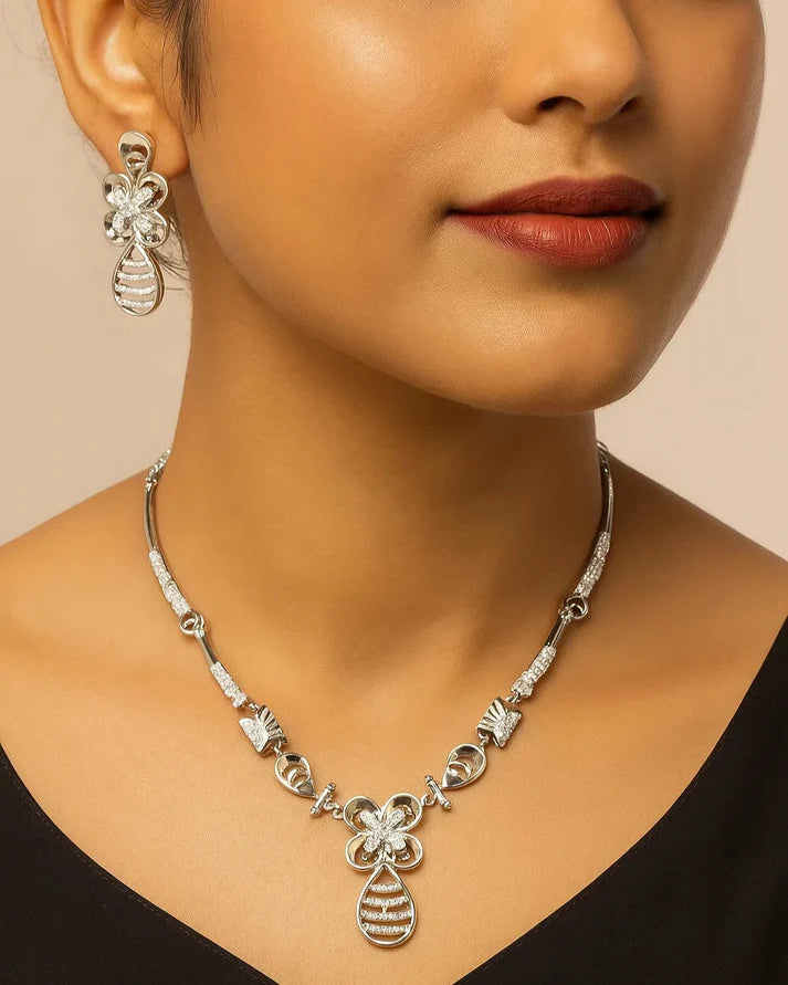 Floral Cascade Sterling Silver Necklace & Earrings Set