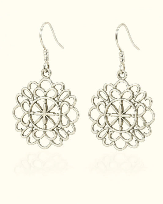 Pair of silver floral earrings on a white background