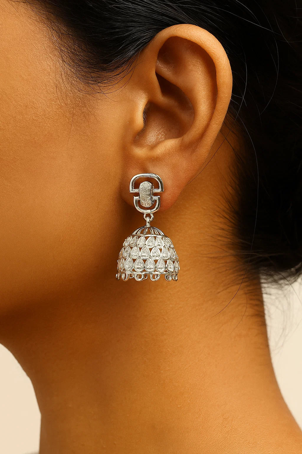 Silver Crystal-Studded Jhumka Earrings