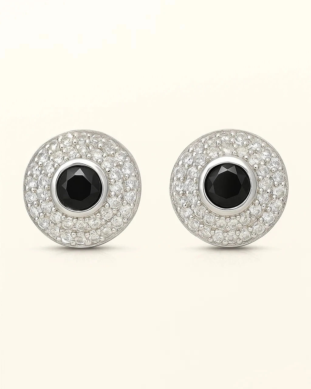 Silver Black Onyx & Crystal Halo Studs