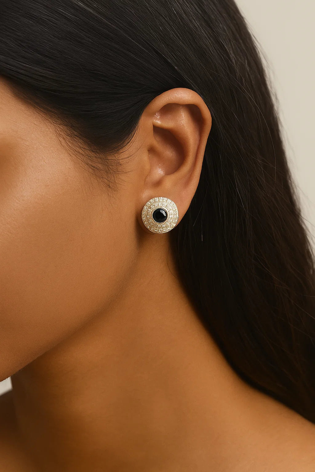 Silver Black Onyx & Crystal Halo Studs