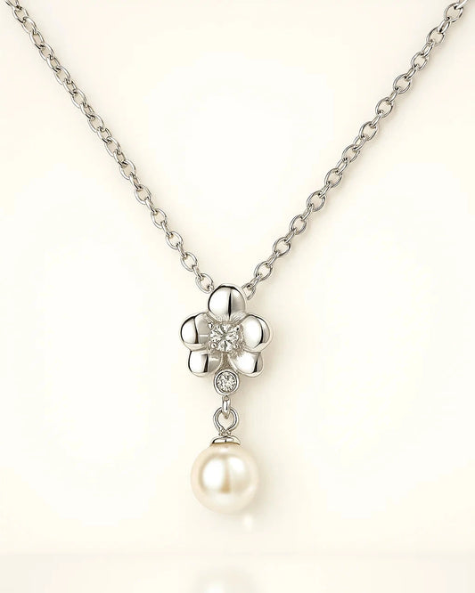 Silver Floral Pearl Drop Necklace