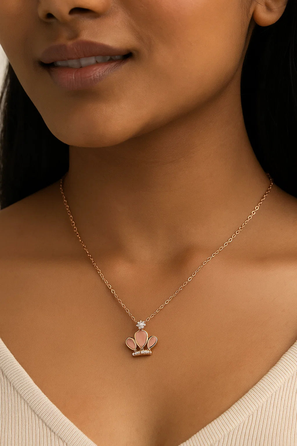 Blush Enamel Crown Necklace in Rose Gold