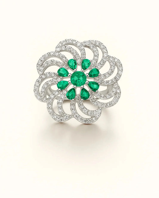 925 Sterling Silver Emerald & Diamond Flower Cocktail Ring