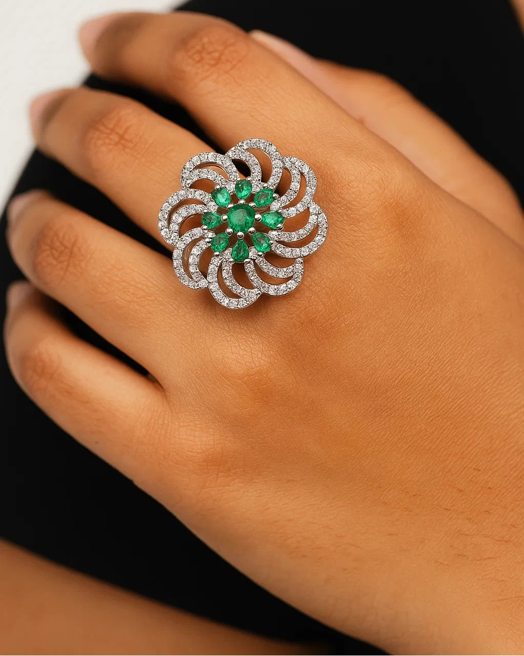 925 Sterling Silver Emerald & Diamond Flower Cocktail Ring