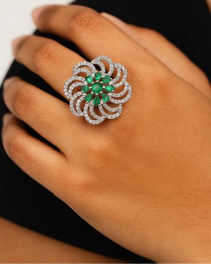 925 Sterling Silver Emerald & Diamond Flower Cocktail Ring