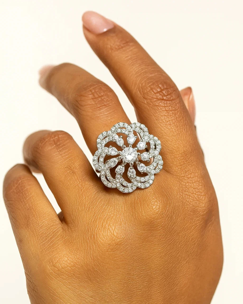 Adjustable Floral Diamond Cocktail Ring for Women