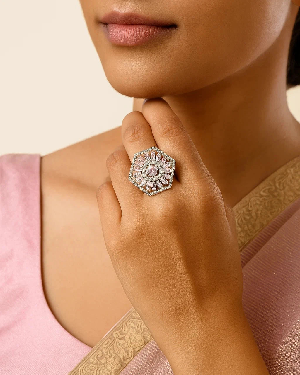 Adjustable Art Deco Pink Morganite & Diamond Adjustable Cocktail Ring for Women