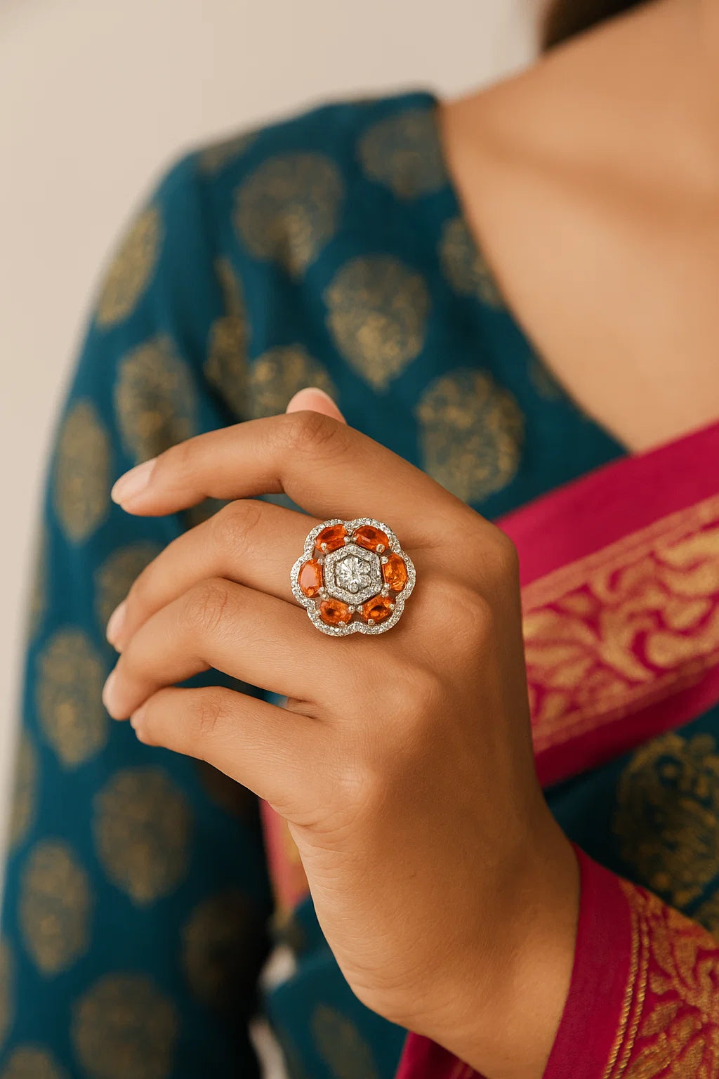 Adjustable Orange Spessartite Garnet & Diamond Halo Cocktail Ring for Women