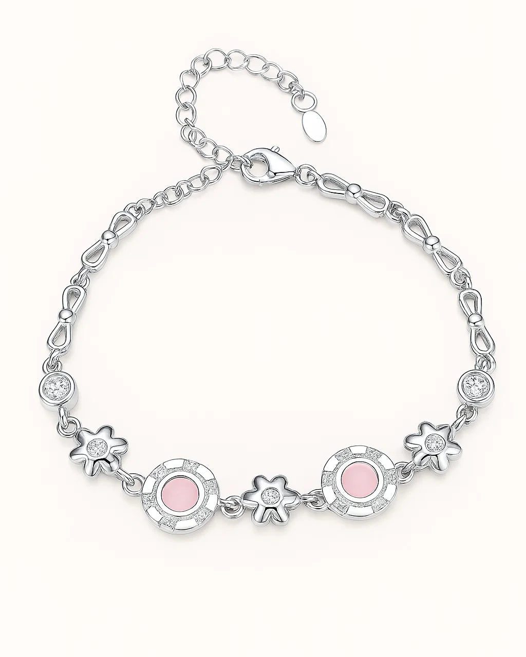 Sterling Silver Floral Charm Bracelet with Pink & CZ Accents