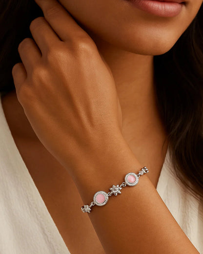 Sterling Silver Floral Charm Bracelet with Pink & CZ Accents