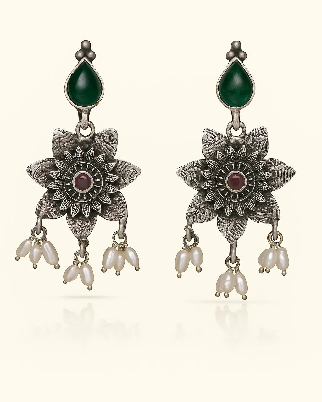 Oxidised Floral Drop Earrings with Pearl Accents