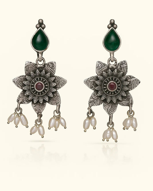 Oxidised Floral Drop Earrings with Pearl Accents