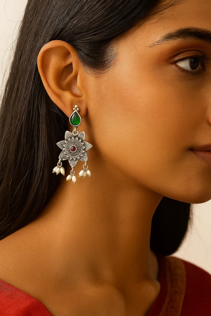 Oxidised Floral Drop Earrings with Pearl Accents