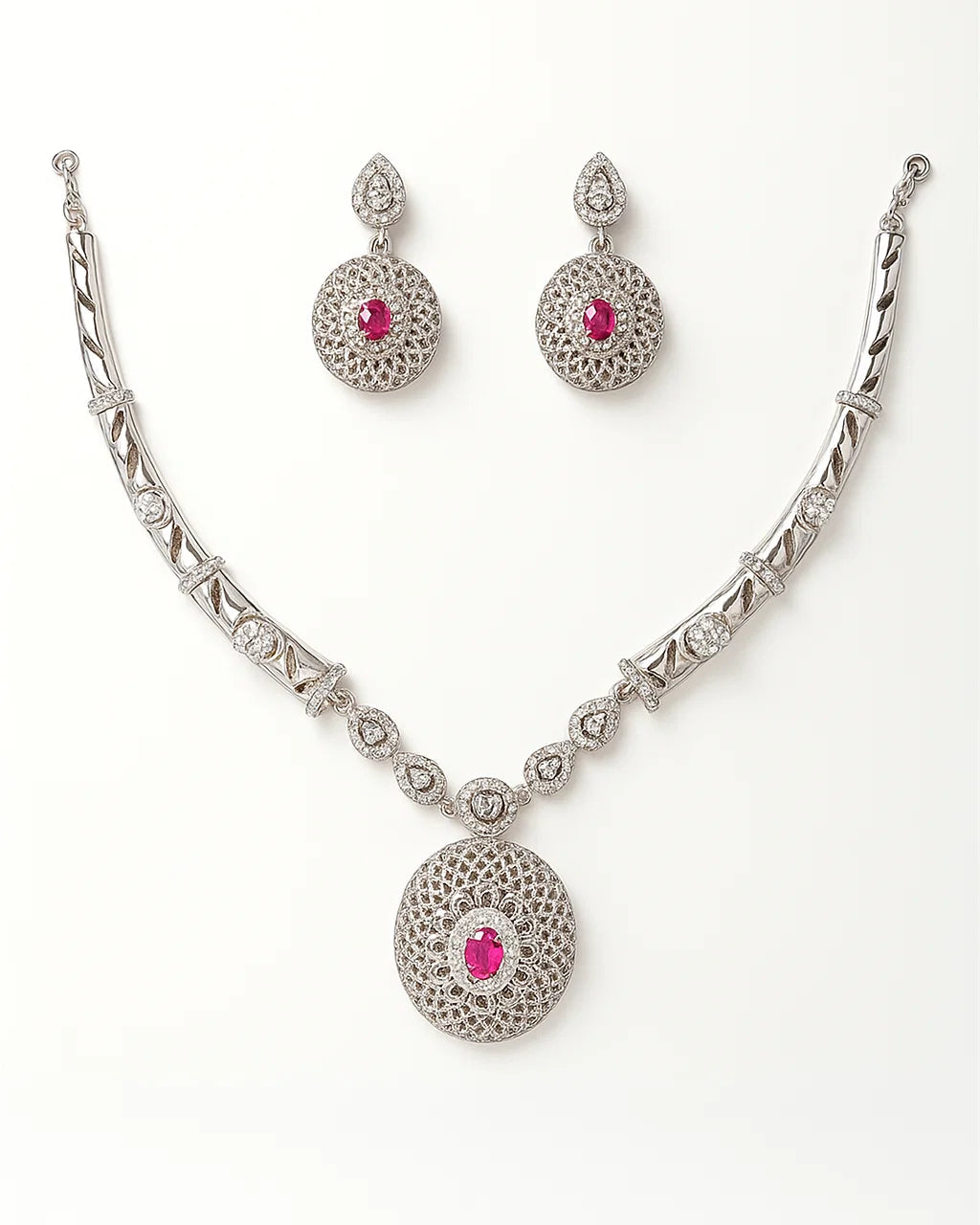 Filigree Necklace Set with Ruby Center & CZ Accents