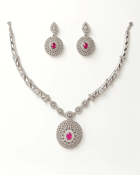 Filigree Necklace Set with Ruby Center & CZ Accents