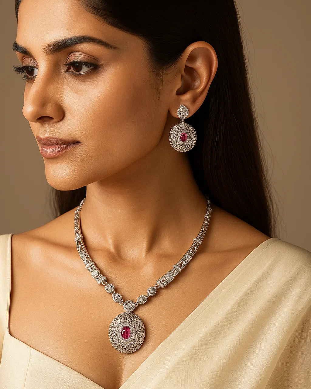 Filigree Necklace Set with Ruby Center & CZ Accents