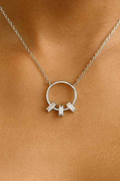 Elegant Silver Circle Pendant Necklace with Baguette-Cut Stones