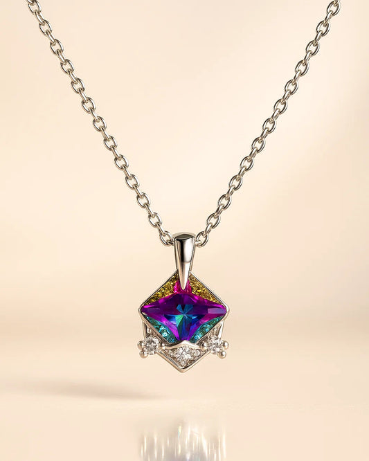 Necklace with a colorful gemstone pendant on a beige background