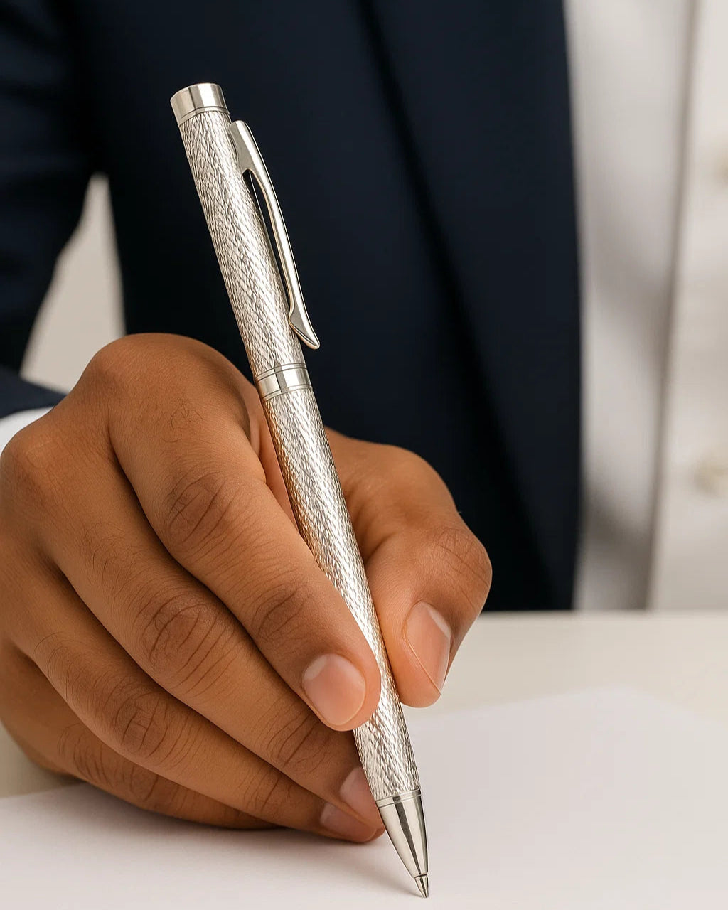 Hand holding a silver pen over a piece of paper