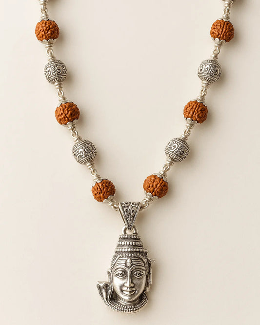 Rudraksha Mala with Silver Beads and Lord Shiva Pendant – Spiritual Rosary for Meditation & Pooja
