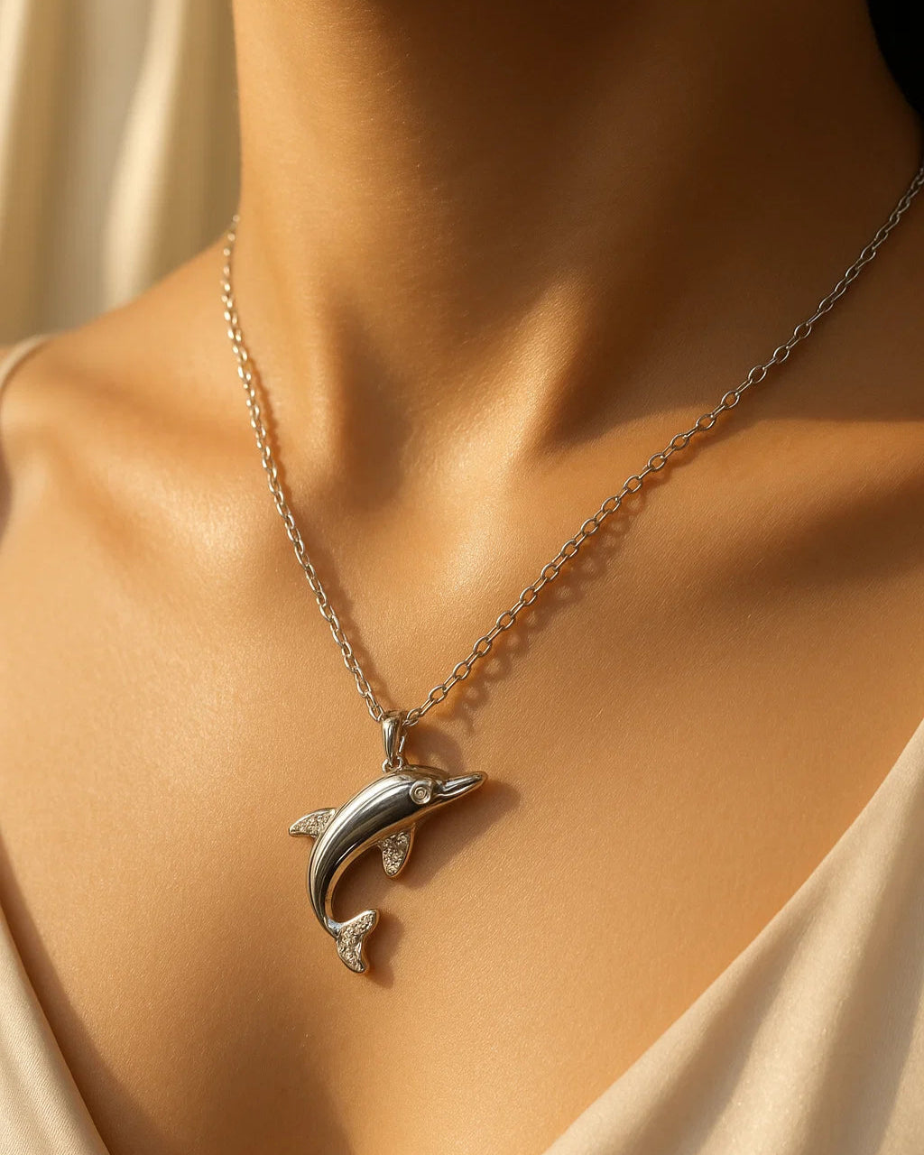 Silver dolphin pendant necklace on a person wearing a beige top.