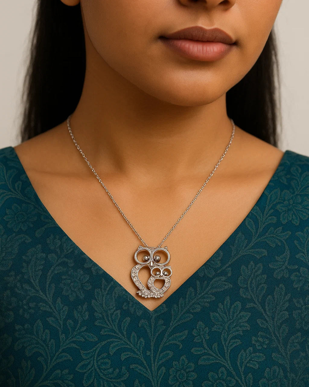 Woman wearing a silver necklace with an intricate pendant against a neutral background