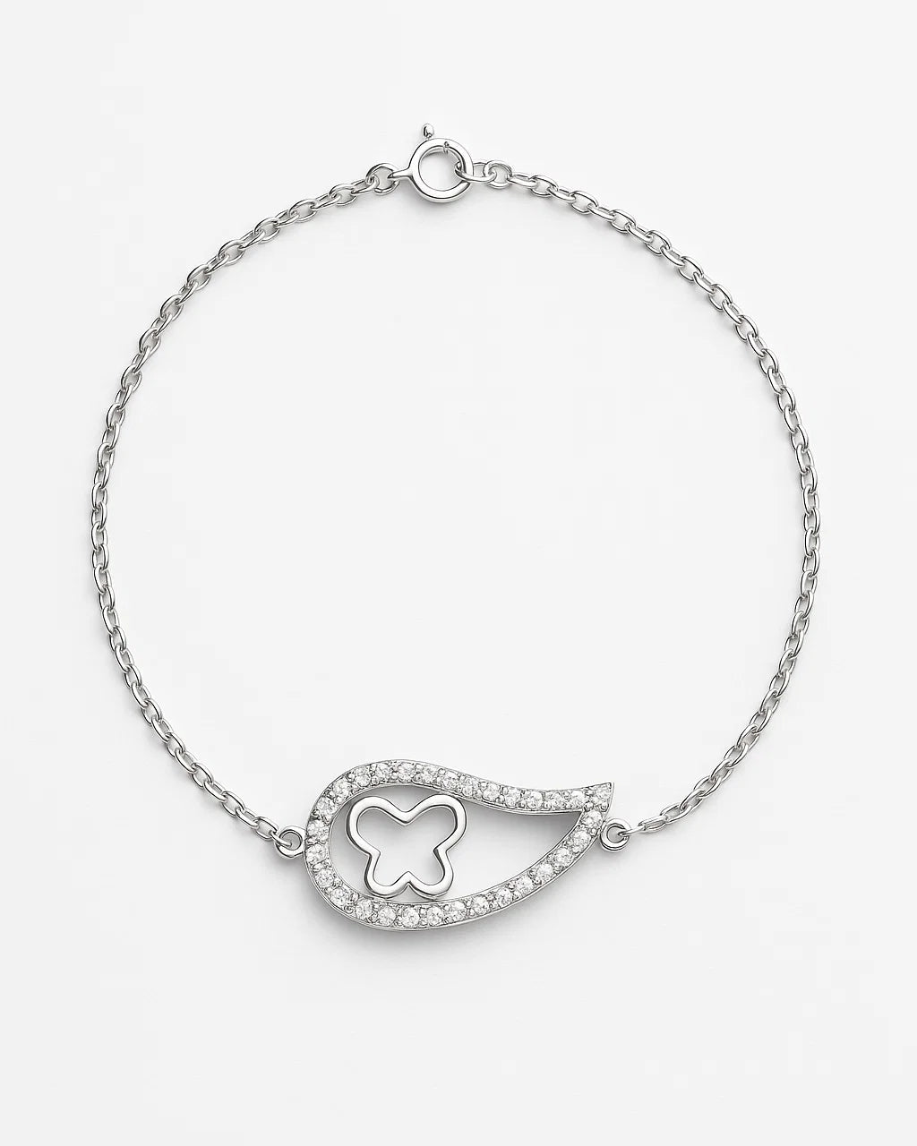 Silver bracelet with a heart-shaped clasp on a white background