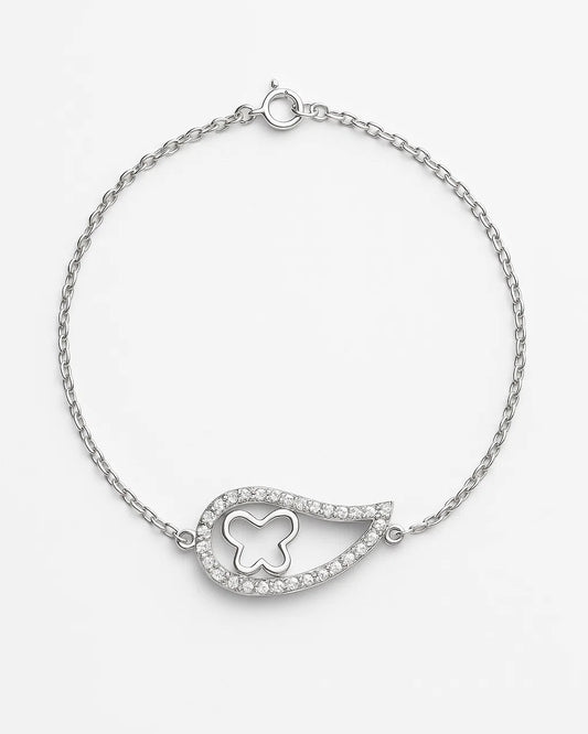 Silver bracelet with a heart-shaped clasp on a white background