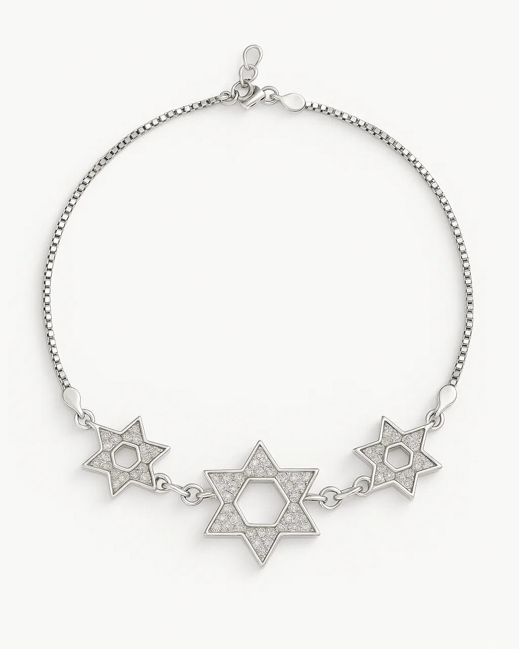 Silver bracelet with star designs on a white background