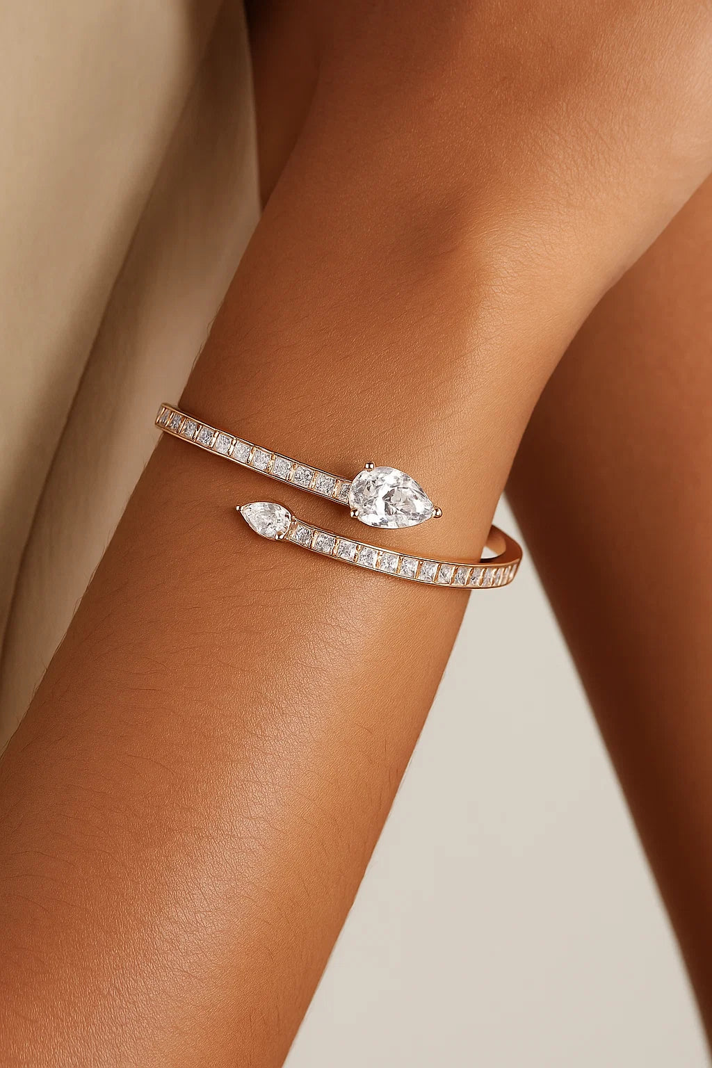 Rose Gold 925 Sterling Silver Cuff Bracelet with Pear-Cut Stones for Women