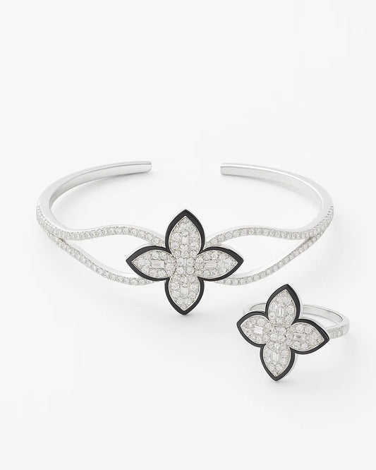 Open Floral Cuff Bracelet & Adjustable Ring Set for Women