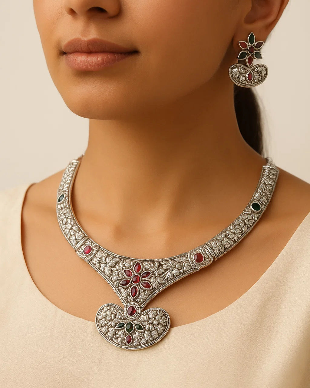 Close-up of a person wearing an ornate silver necklace and earrings with gemstones on a beige background.