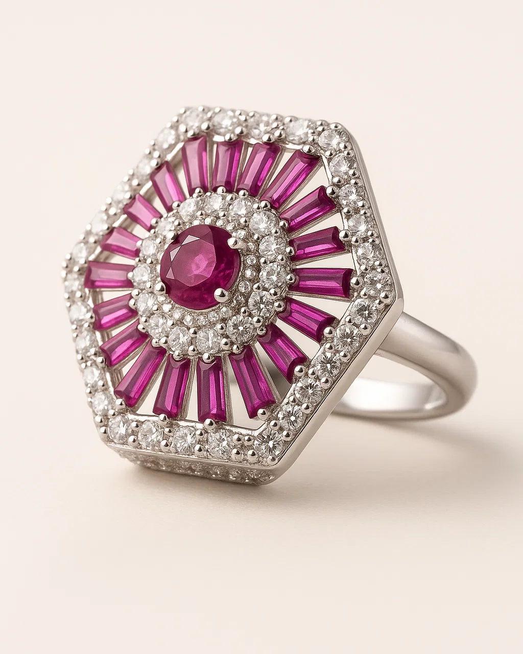 Elegant ring with pink gemstones and white accents on a light background