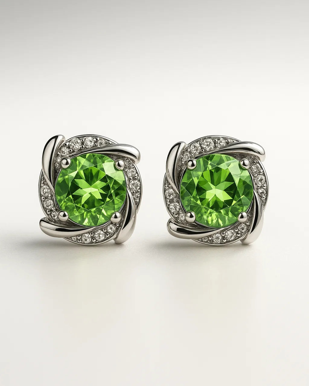 Green Peridot & Diamond Halo Floral Stud Earrings for Women