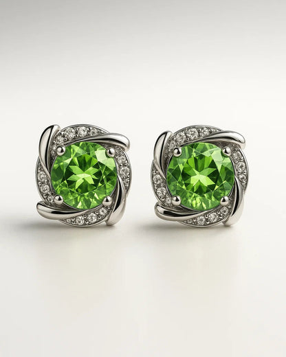 Green Peridot & Diamond Halo Floral Stud Earrings for Women
