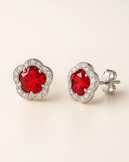 Red Ruby Floral Halo Stud Earrings for Women