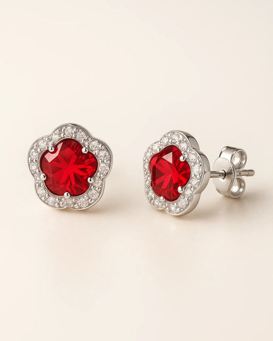 Red Ruby Floral Halo Stud Earrings for Women
