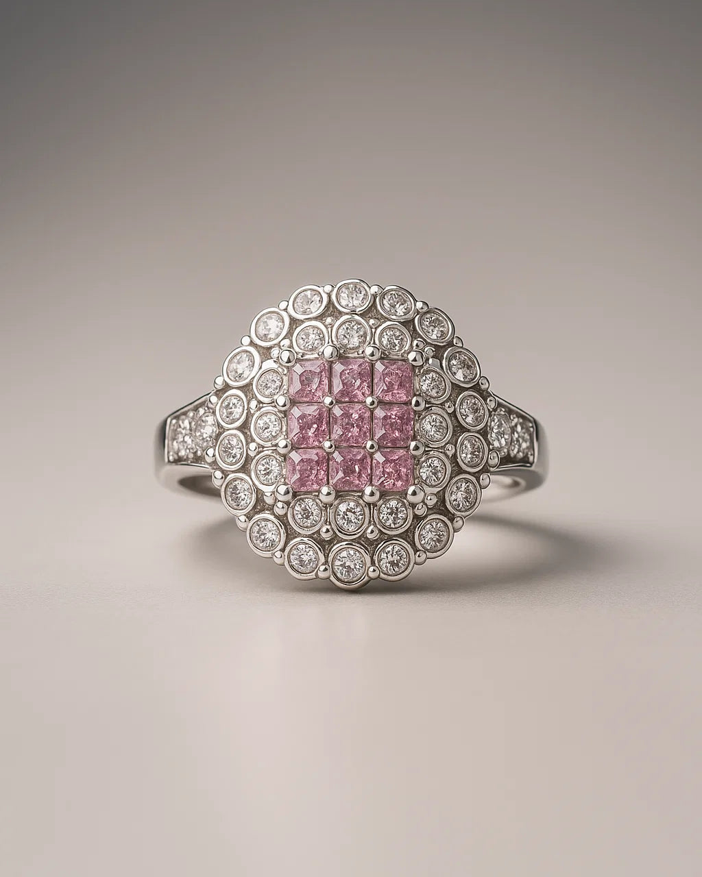 Elegant Silver Ring with Pink & White Stone Detailing