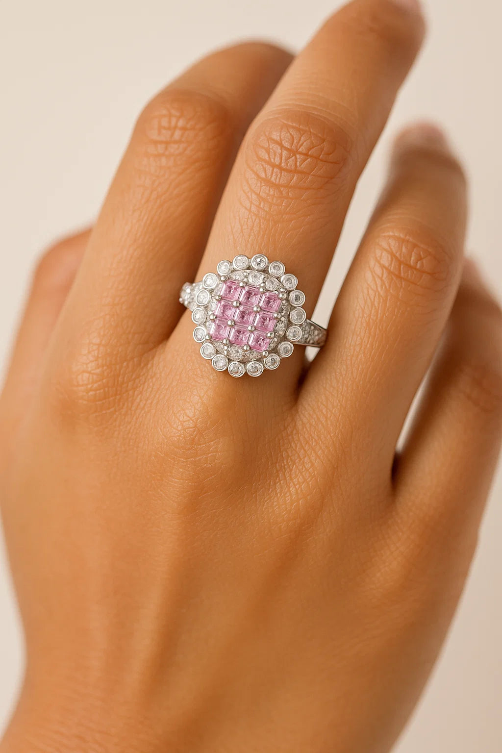 Elegant Silver Ring with Pink & White Stone Detailing