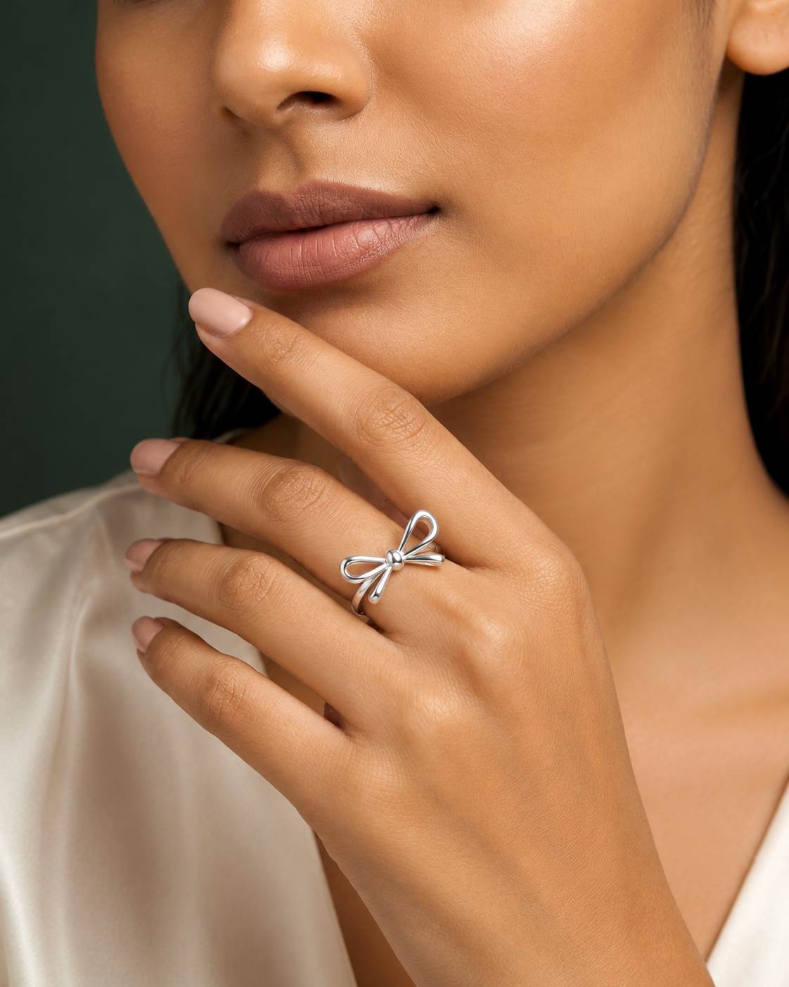 A close-up lifestyle shot of a model wearing a delicate silver bow ring on her finger, with her hand resting near her chin against a dark green background.