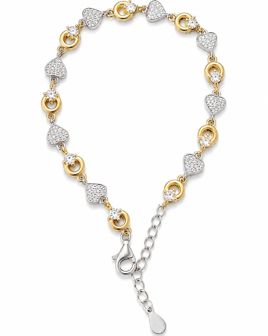 Gold and silver bracelet with heart-shaped links on a white background