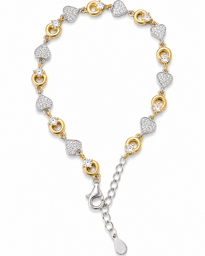 Gold and silver bracelet with heart-shaped links on a white background