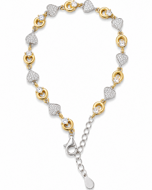 Gold and silver bracelet with heart-shaped links on a white background