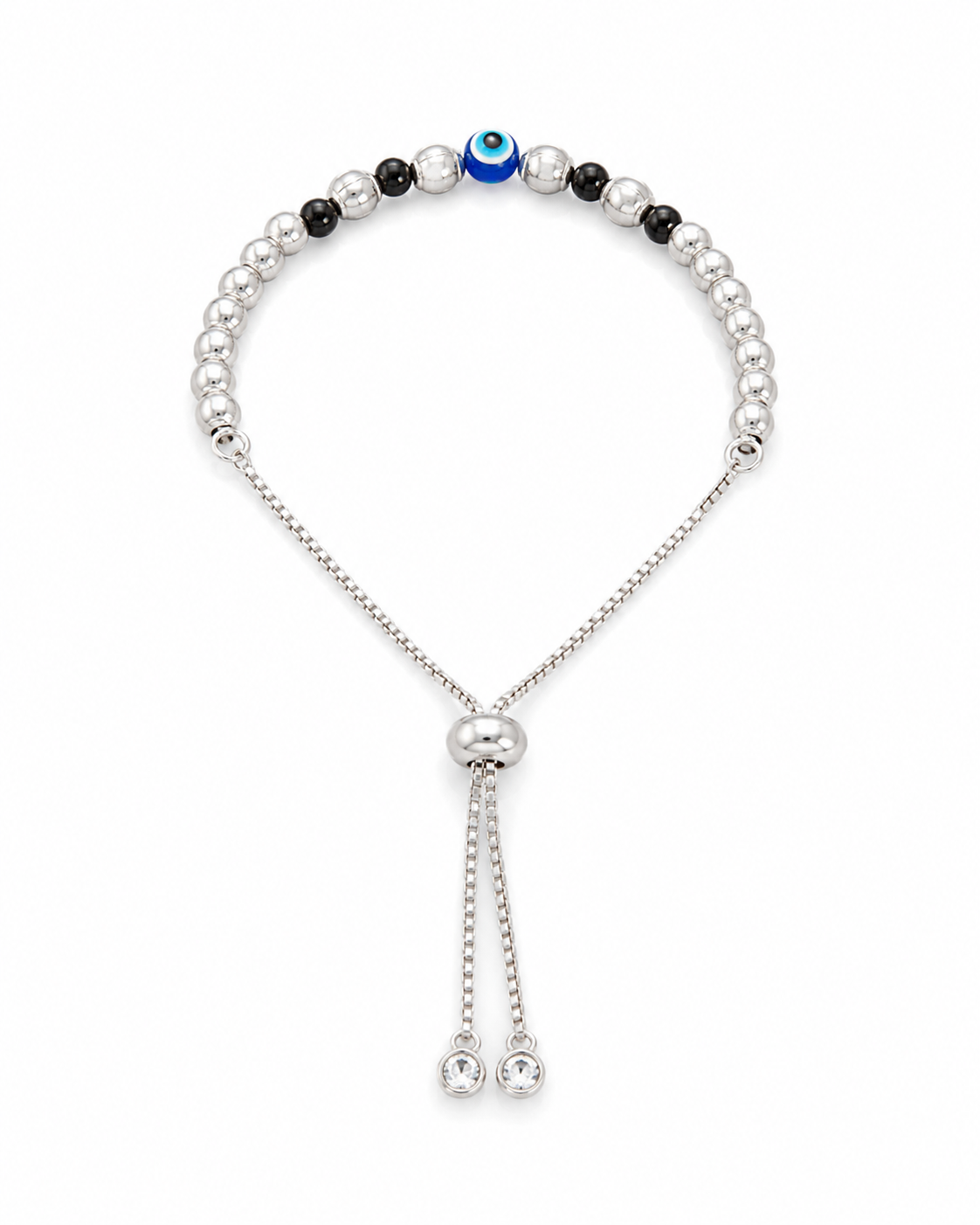 Evil Eye Silver Beaded Adjustable Bracelet | Nazar Protection Bracelet with Crystal Tassel for Women